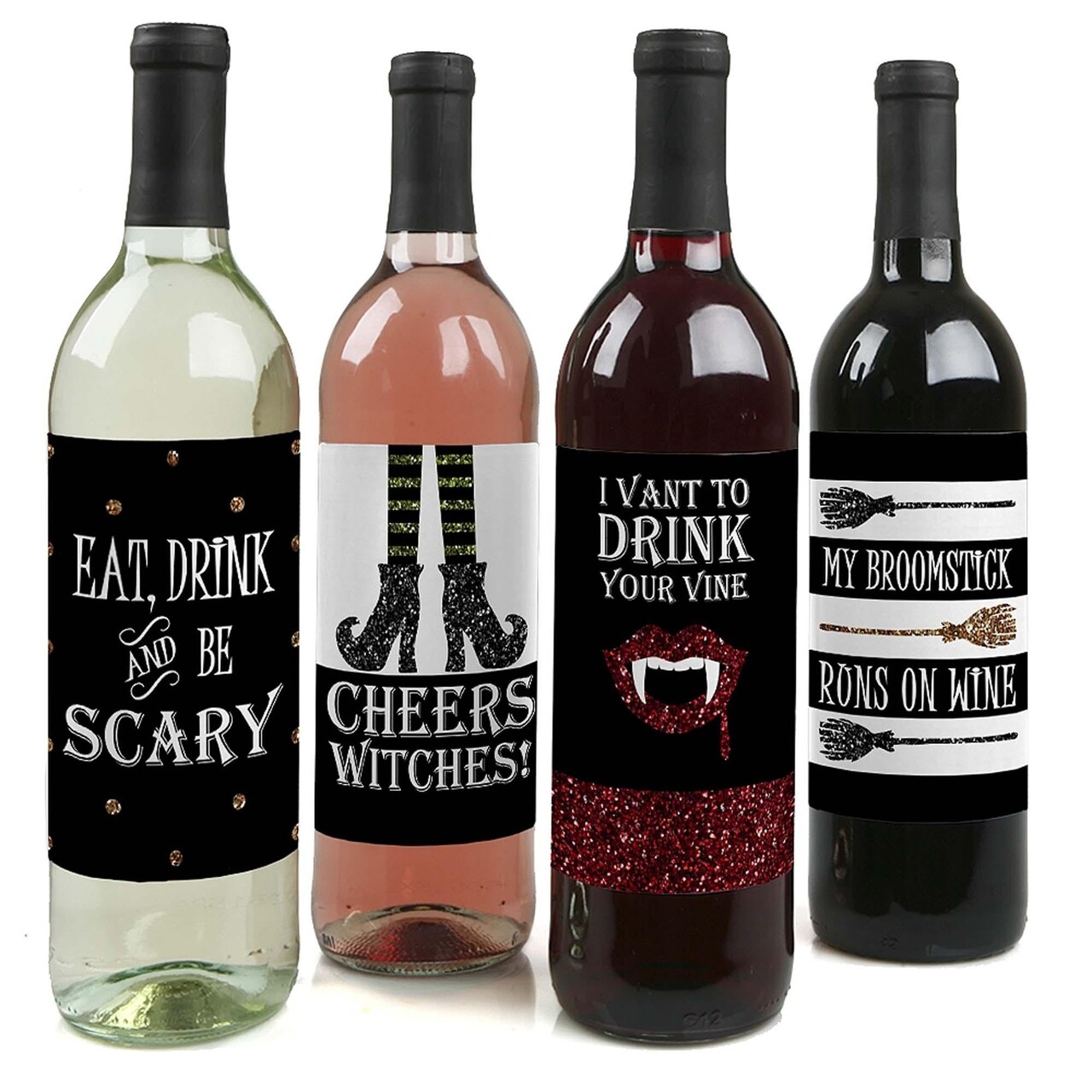 Big Dot of Happiness Spooktacular - Eat, Drink and Be Scary Halloween Party Decorations for Women and Men - Wine Bottle Label Stickers - Set of 4